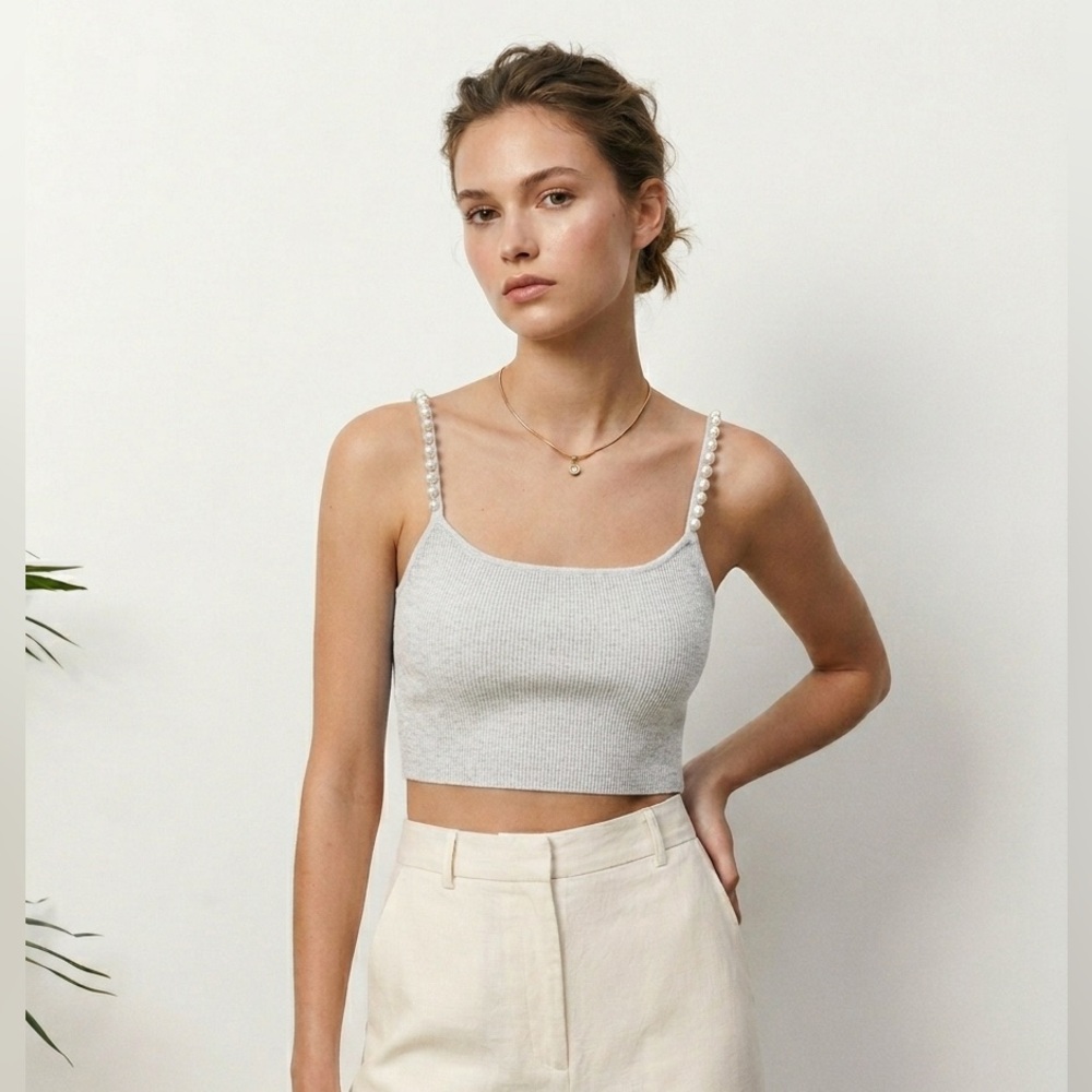 Zara Light Gray Crop Top with Pearl Straps